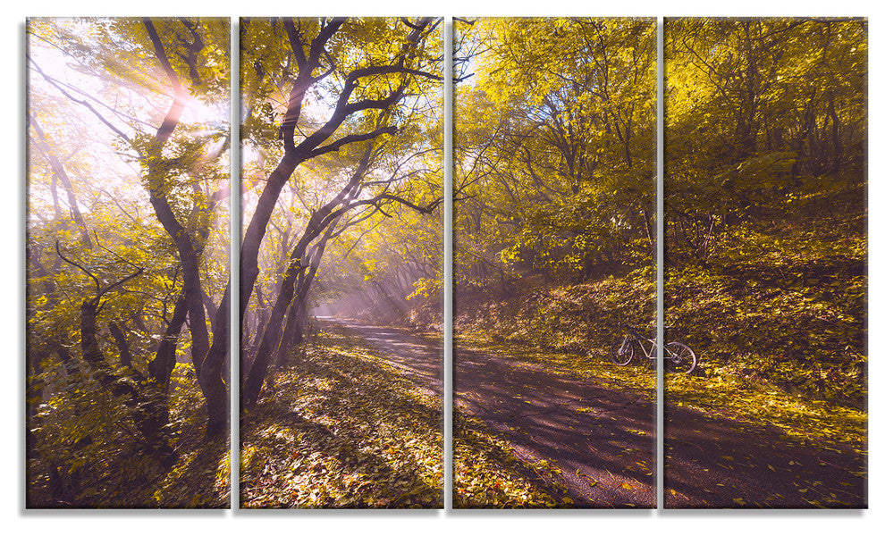Bicycle Ride in Fall Forest, Landscape Canvas Art Print, 48"x28", 4 Panels
