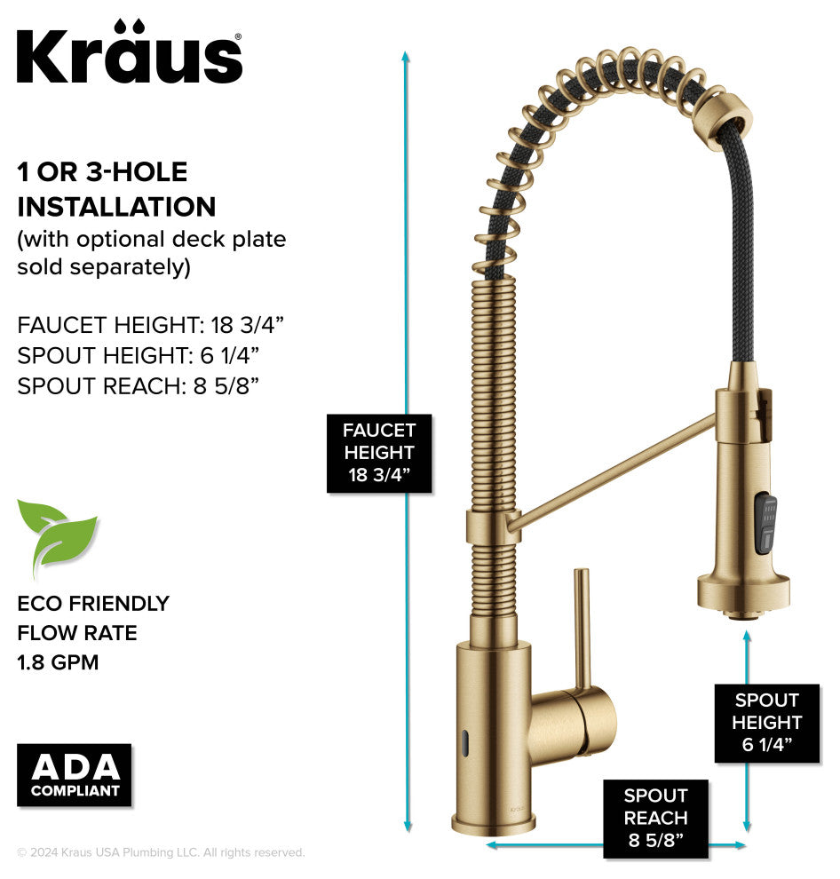 Bolden Commercial Style 2-Function Pull-Down 1-Handle 1-Hole Kitchen Faucet, Brushed Brass (Sensor Touchless)