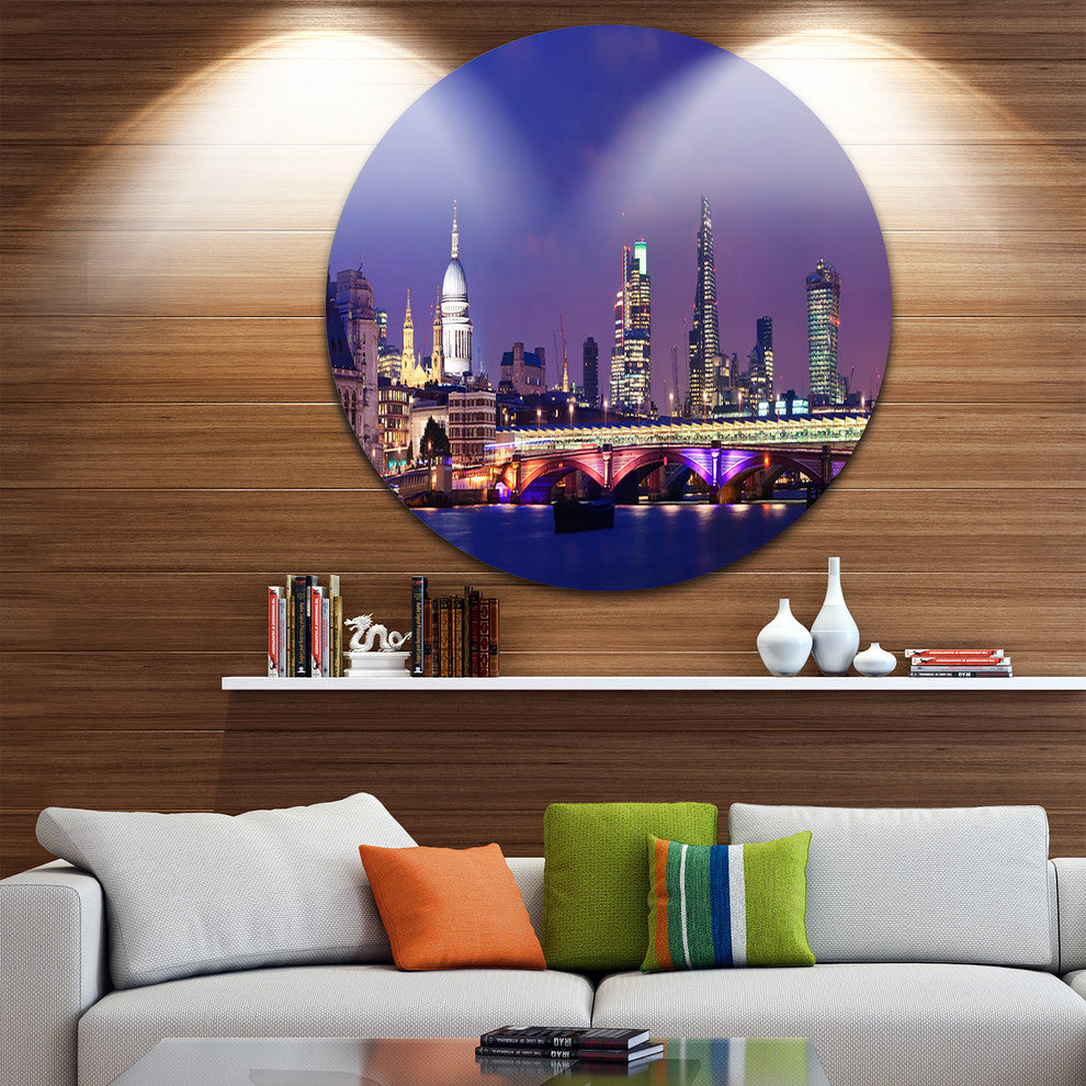 London Night Panorama, Cityscape Photo Large Disc Metal Wall Art, 23"