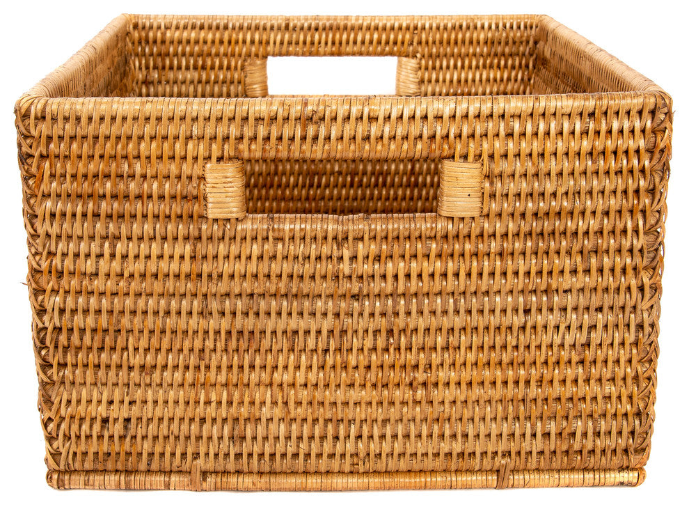 Artifacts Rattan Square Storage Basket With Handles, Honey Brown