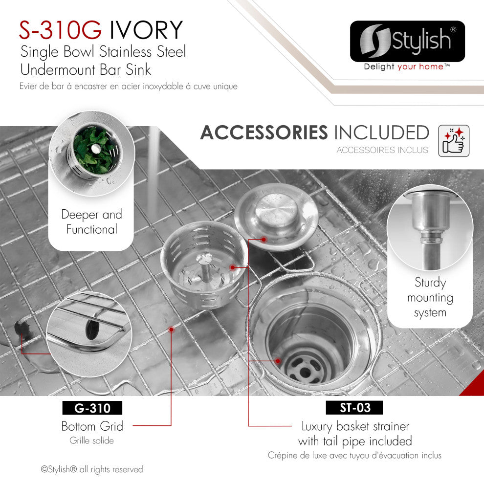 STYLISH 14" Single Bowl, 18 Gauge, Stainless Steel Kitchen Sink S-310G- Ivory
