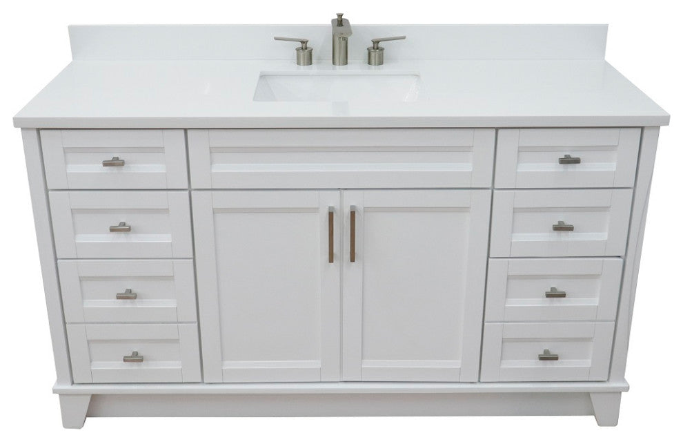 61" Single Sink Vanity, White Finish And Engineered Stone Top And Rectangle Sink