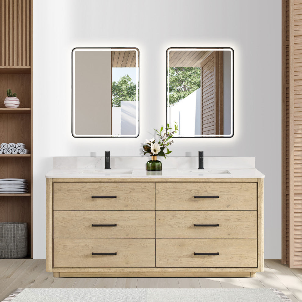 Porto Bath Vanity with White Quartz Stone Top, Natural Oak, 72 in., With Mirror
