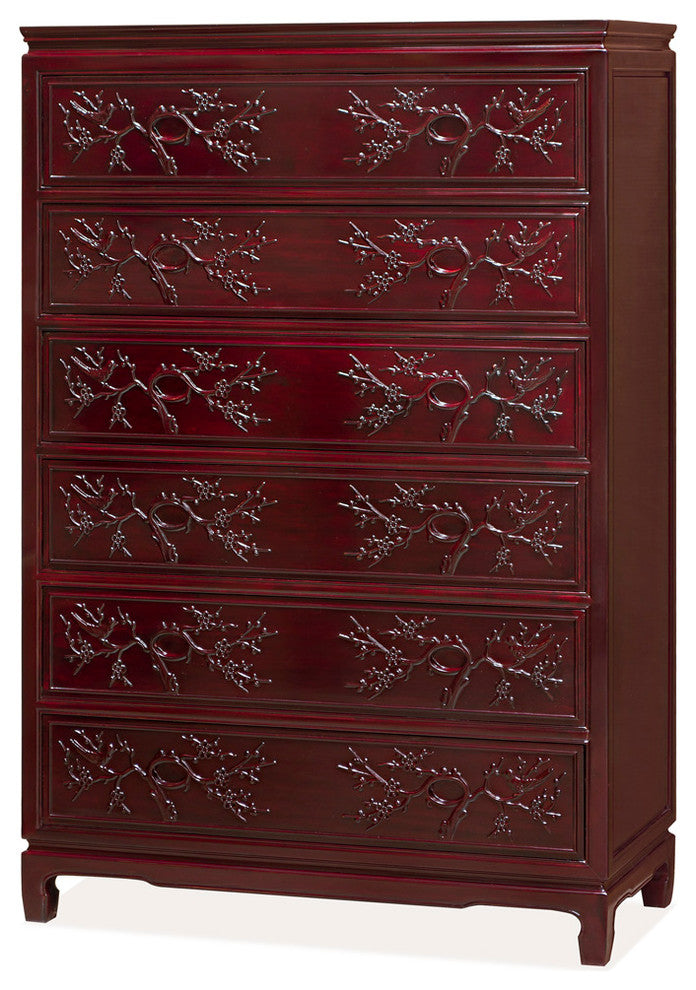 Dark Cherry Rosewood Flower and Bird Chinese High Chest of Drawers