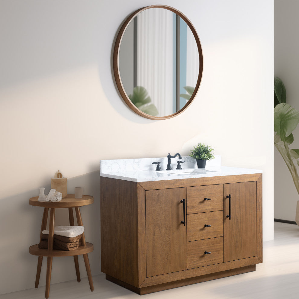 Vanity Art Bathroom Vanity With Sink, Tan, 48" Single, Arabescato White Engineered Marble Top