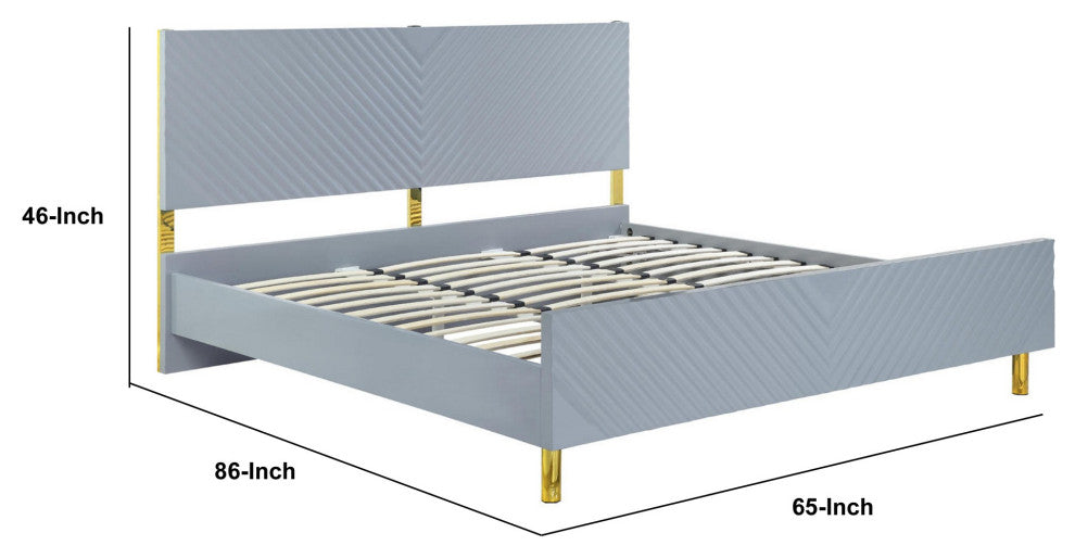 Benzara BM284005 Modern Queen Bed, Panel Headboard, Textured Slate Gray, Gold