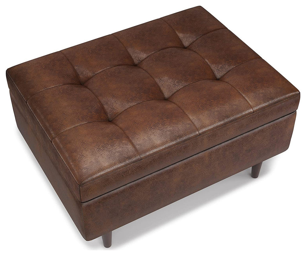 Square Storage Ottoman, Distressed Chestnut Brown Faux Leather Upholstery