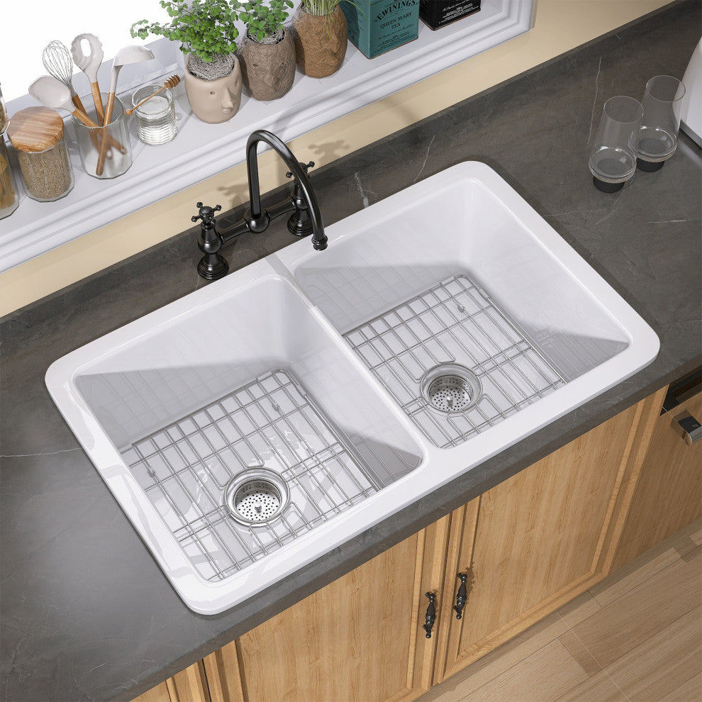 32"Lx19"W Drop-In Double Bowl Farmhouse Fireclay Kitchen Sink With Accessories