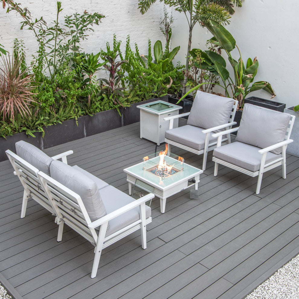 LeisureMod Walbrooke White Patio Conversation Set With Fire Pit, Light Gray