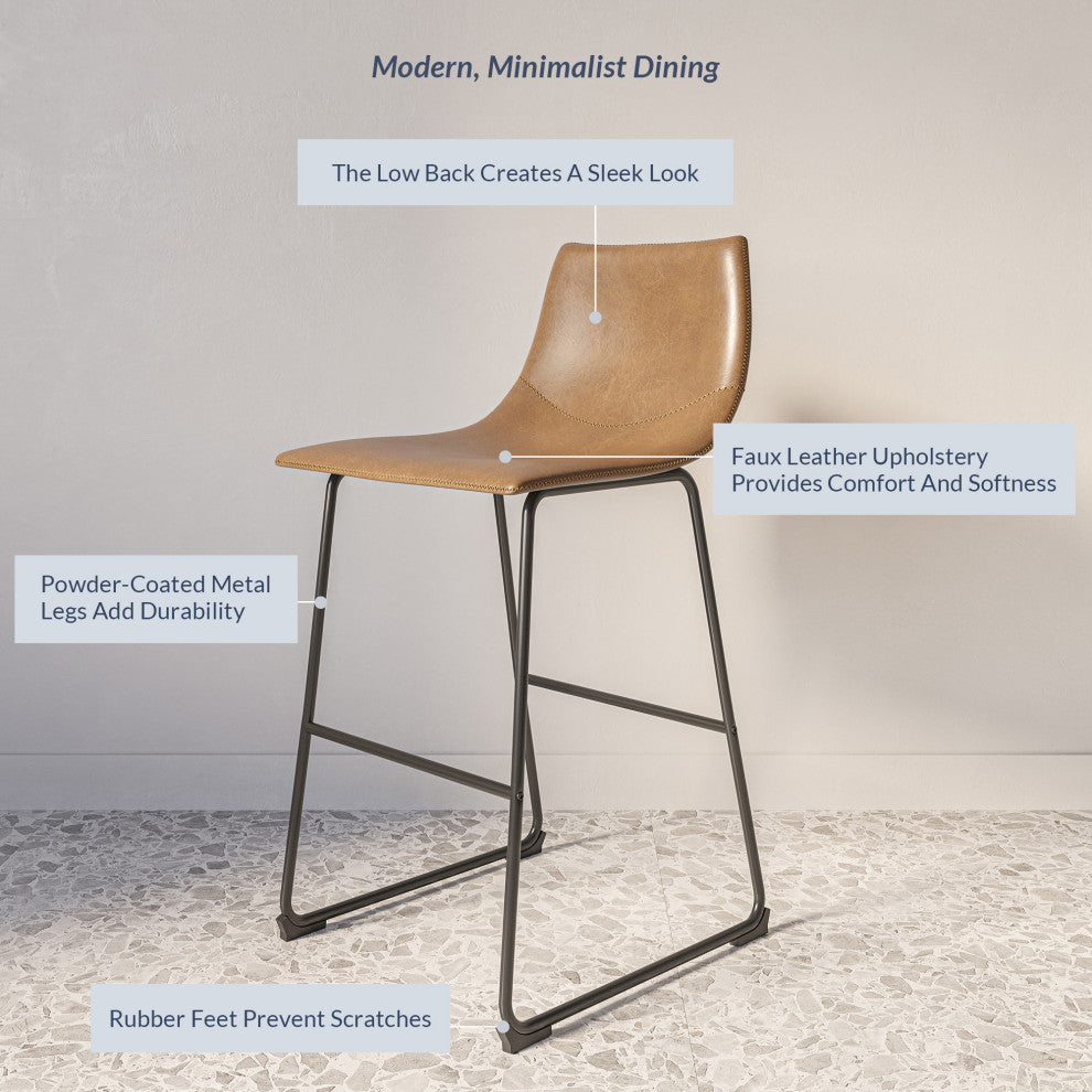 Modern Upholstered Faux Leather Barstools, Whiskey Brown
