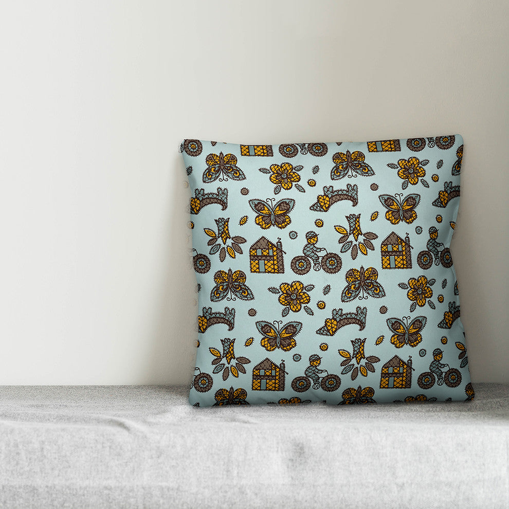 Kids Whimsical Folk Pattern, Blue Throw Pillow, 20"x20"