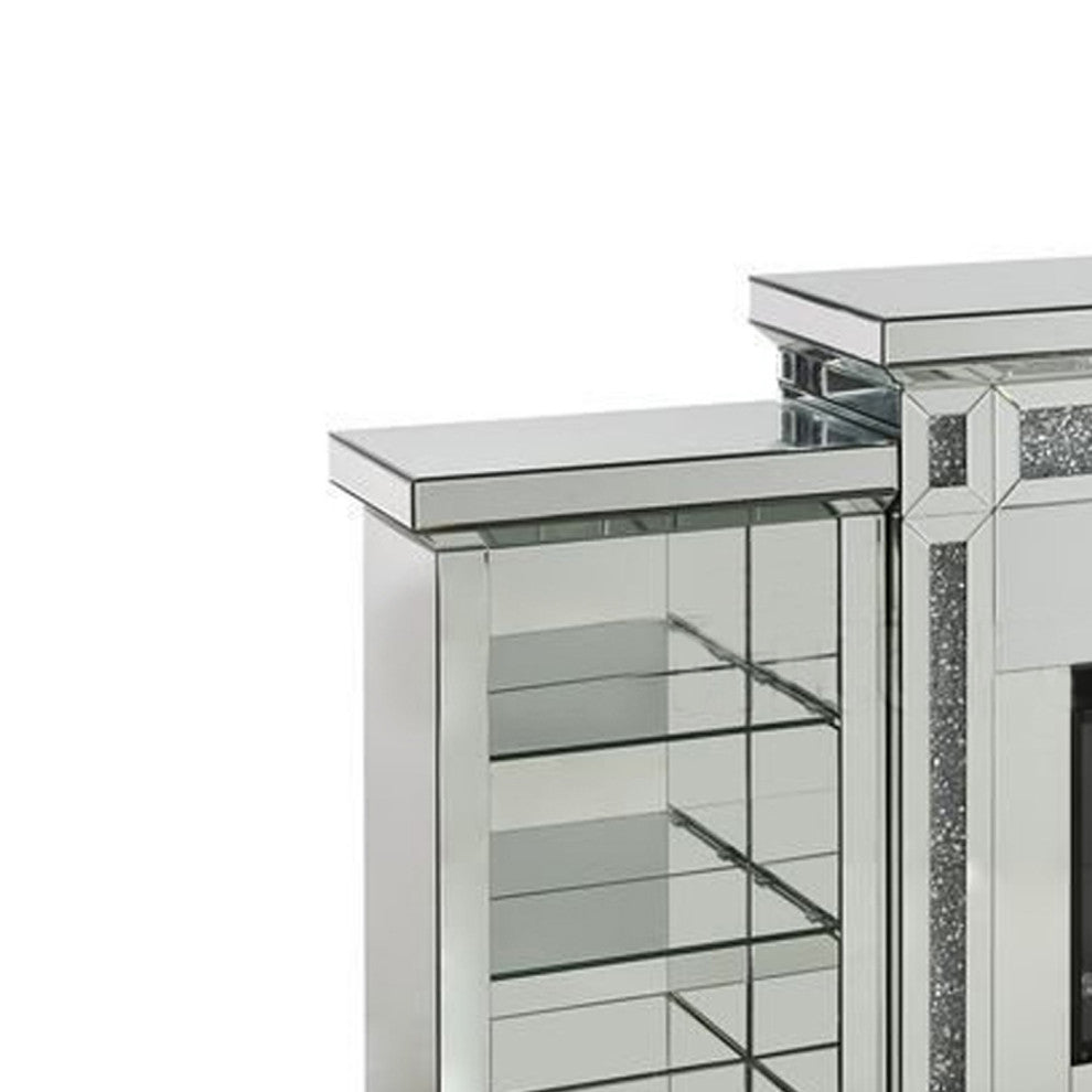 Benzara BM266450 Fireplace With LED and Mirrored Finish, Silver and Black
