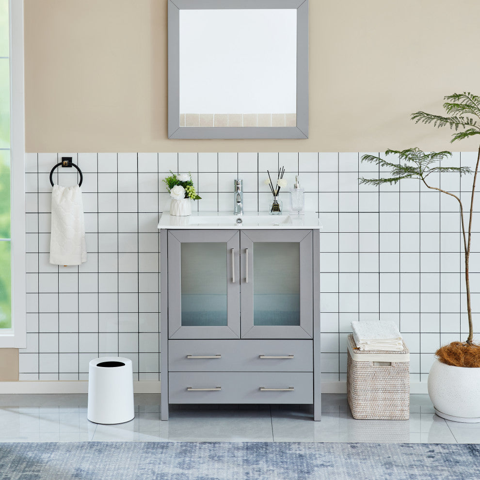 Vanity Art Single Vanity Set With Ceramic Top, 30", Gray, Led Touch-Switch Mirror