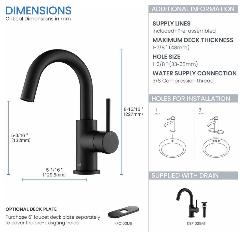 Circular Single Handle High-arc Bathroom Sink Faucet With Drain, Matte Black