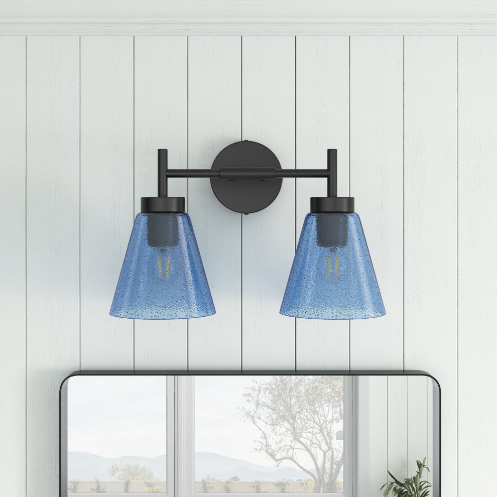 Modern Black 2-Light Wall Light with Blue Seeded Glass Shade