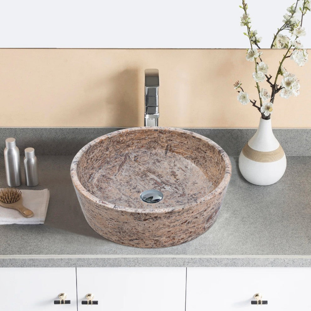 Silver Latte Travertine Natural Stone Vessel Sink Filled-Polished (D)16" (H)5"