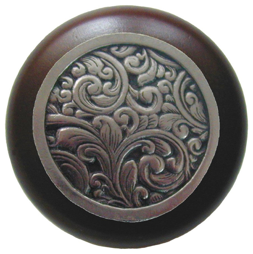 Saddleworth Wood Knob, Antique Brass, Dark Walnut Wood Finish, Brite Nickel