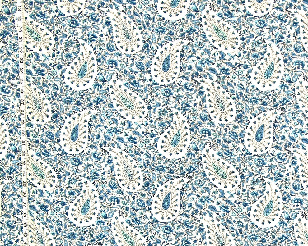 Delft Blue Paisley Floral Fabric, Sample