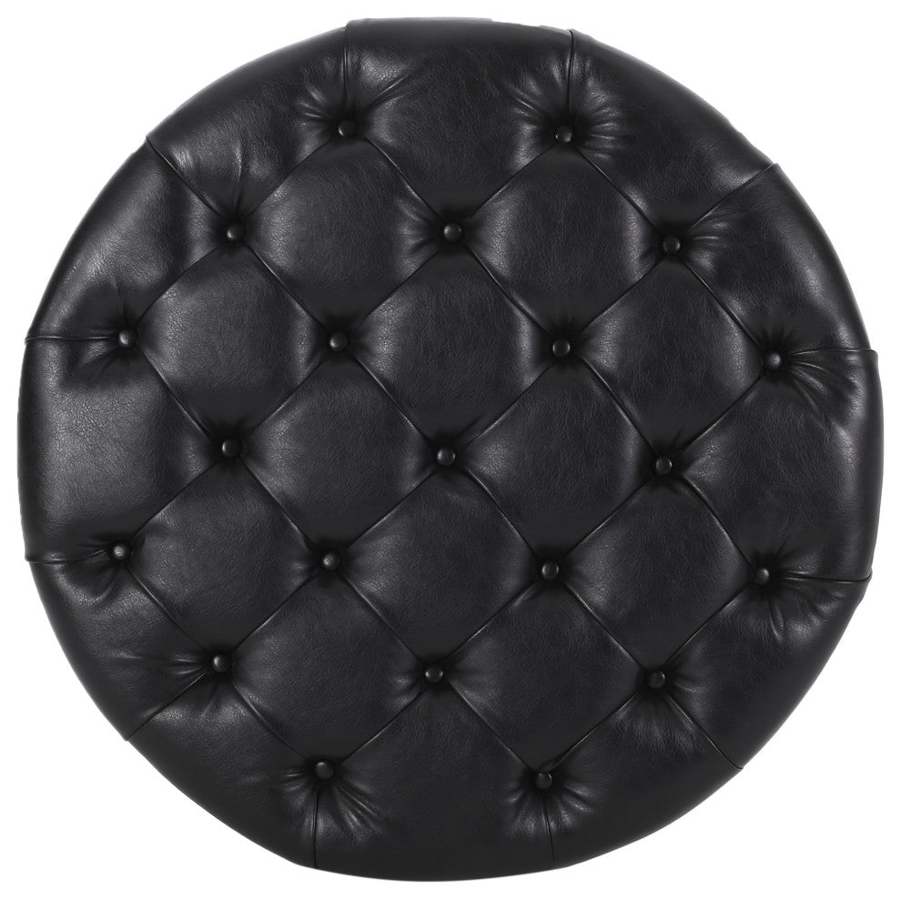 Baynes Faux Leather Tufted Wood Round Ottoman, Open Shelf, Midnight + Espresso