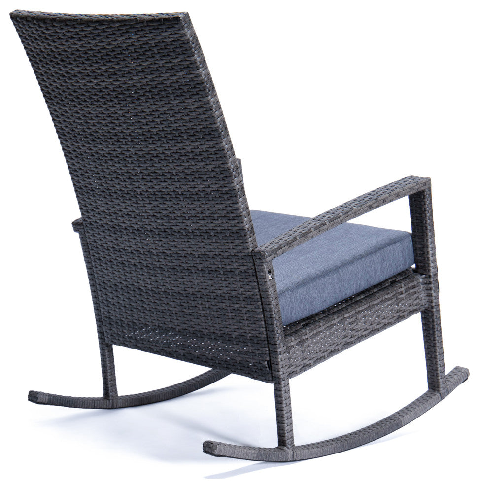 LeisureMod Duval Outdoor Wicker Rocking Chairs With Cushion, Charcoal Blue