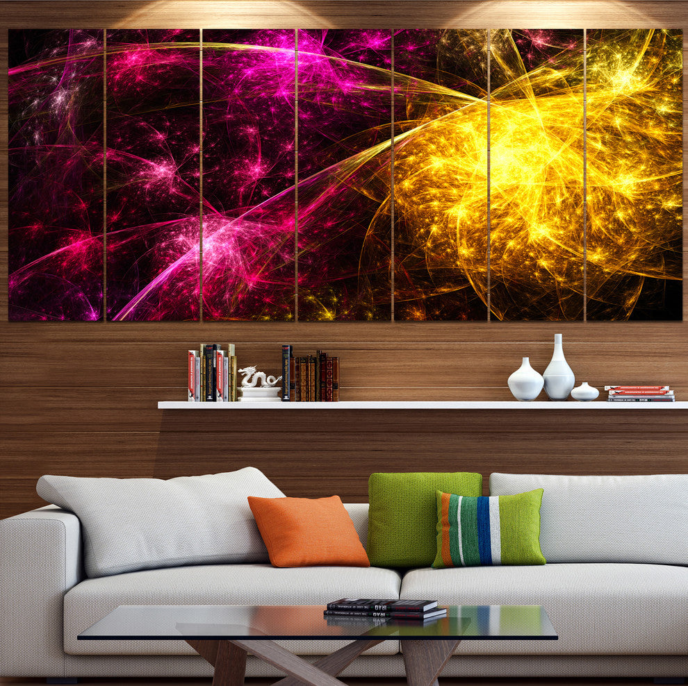Yellow Pink Colorful Fireworks, Abstract Canvas Art Print, 83"x32", 7 Panels