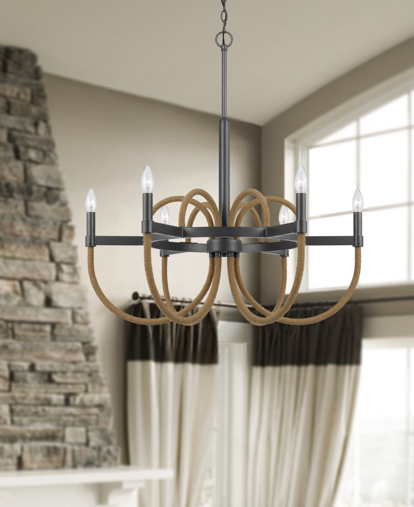 Rowland 60W metal/burlap roped chandelier, Fx-3814-6