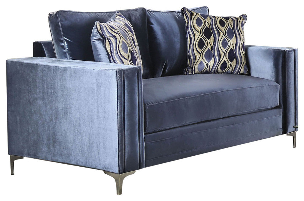 Microfiber And Wooden Love Seat with Bench Style Cushion Design, Satin Blue, L