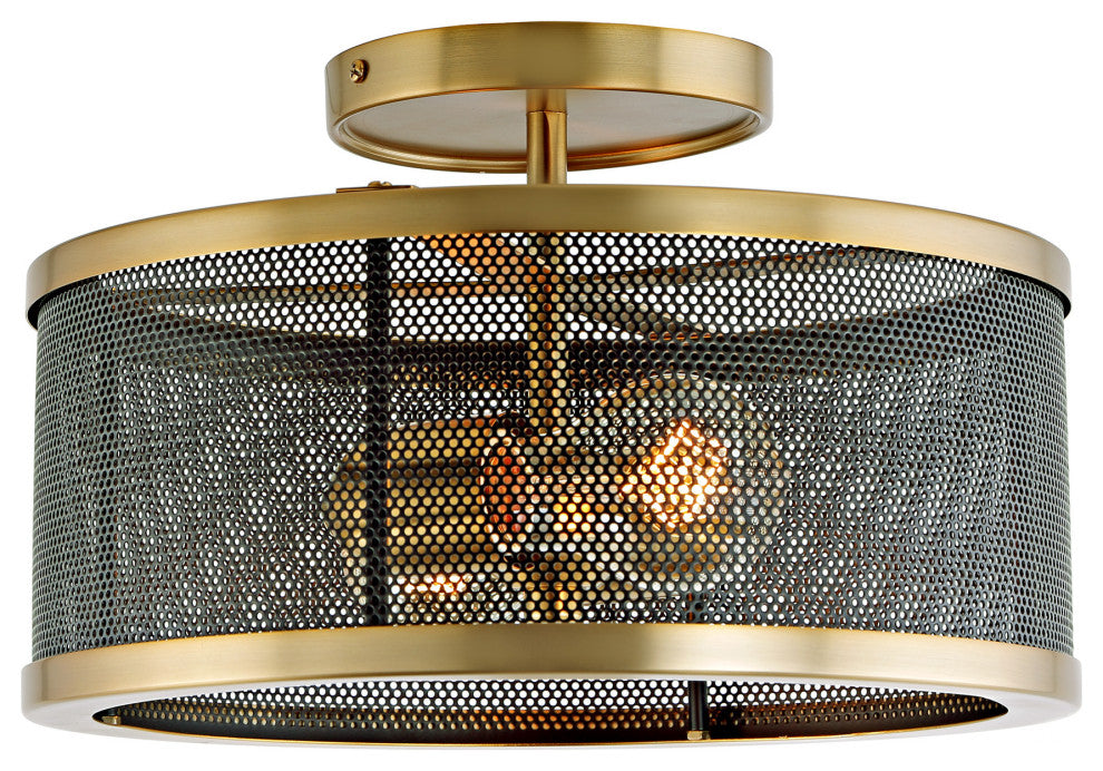 Wellington 2 Light Mesh Semi Flush Mount, Satin Brass and Black