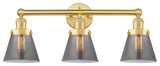 Edison Small Cone 3-Light 25" Vanity Light, Satin Gold With Plated Smoke Shade