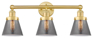 Edison Small Cone 3-Light 25" Vanity Light, Satin Gold With Plated Smoke Shade