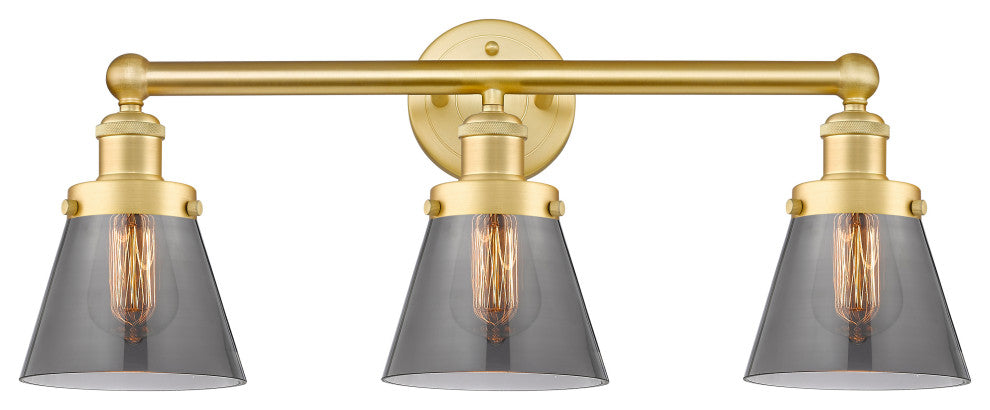 Edison Small Cone 3-Light 25" Vanity Light, Satin Gold With Plated Smoke Shade