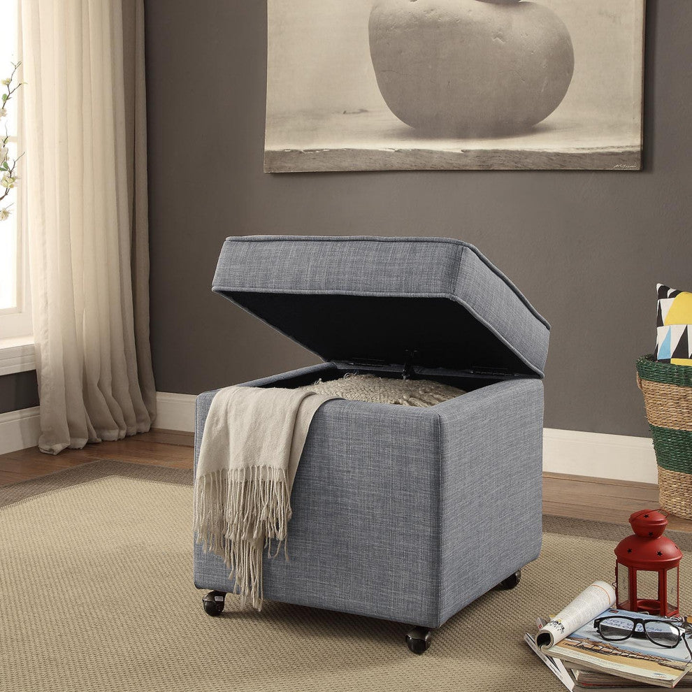 Lionel Linen Hidden Storage Castered Legs Ottoman Cube, Light Gray