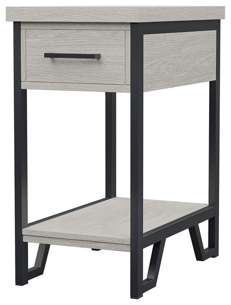 Rustic Side Table, Metal Frame With MDF Drawer & Open Lower Shelf, Antique White
