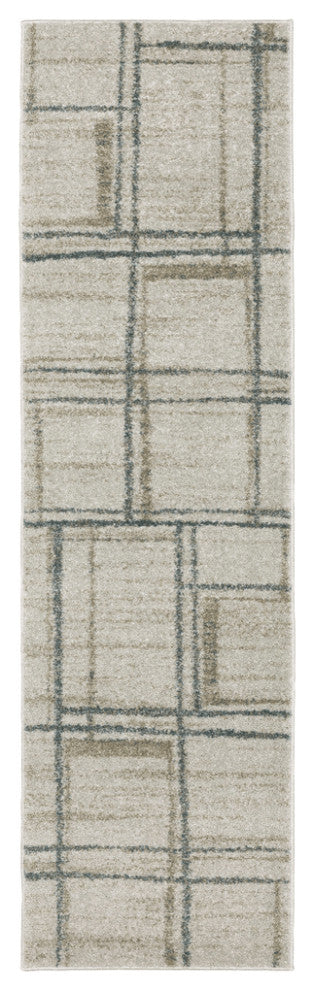 8' Runner Grey Teal Beige and Tan Geometric Power Loom Runner Rug