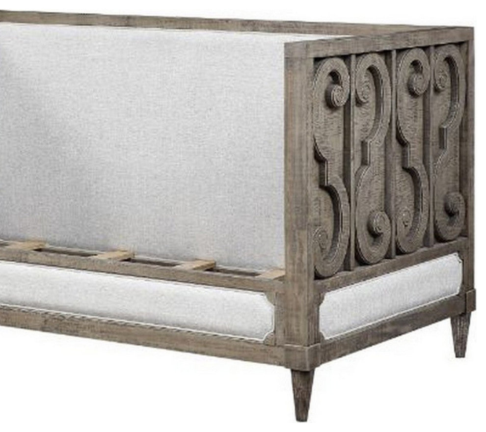 Benzara BM261737 Daybed With Fabric Upholstery and Carvings, Weathered Brown