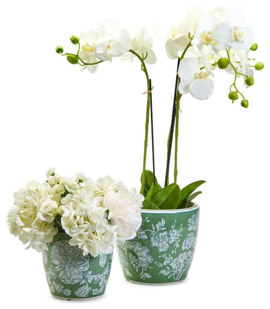 Two's Company Countryside Set of 2 Hand-Painted Green Cachepot / Planter / Vases