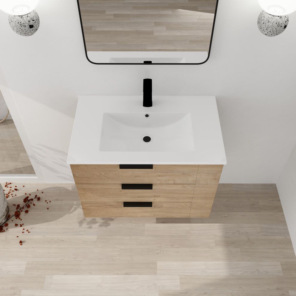 30 Inch Wall Mounted Plywood Bathroom Vanity with Resin Basin and Drawers
