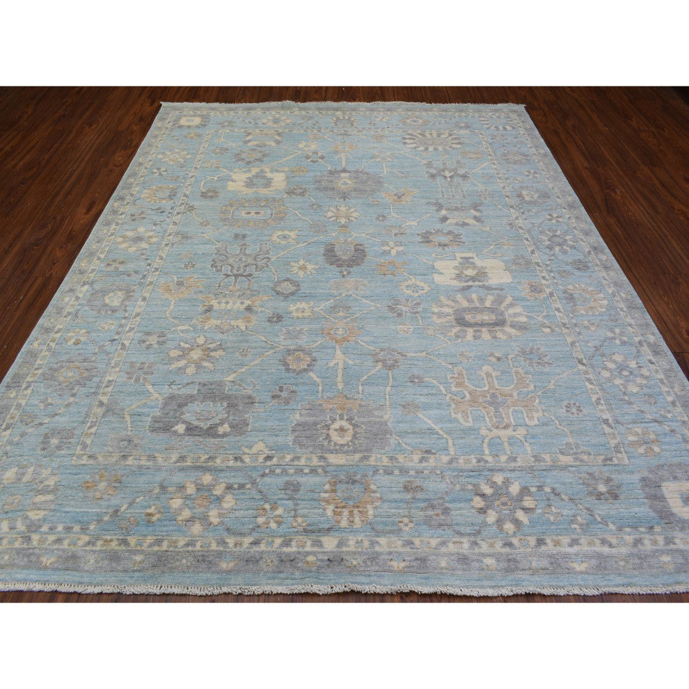 Light Blue Soft Wool Hand Knotted Afghan Angora Oushak Oriental Rug, 8'0"x9'8"
