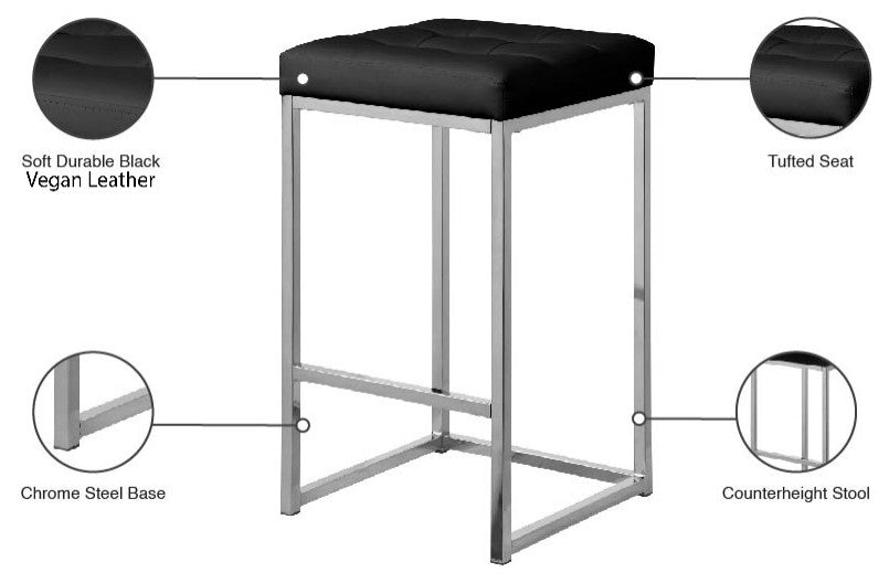 Nicola Counter Stool, Set of 2, Black, Vegan Leather, Chrome Base