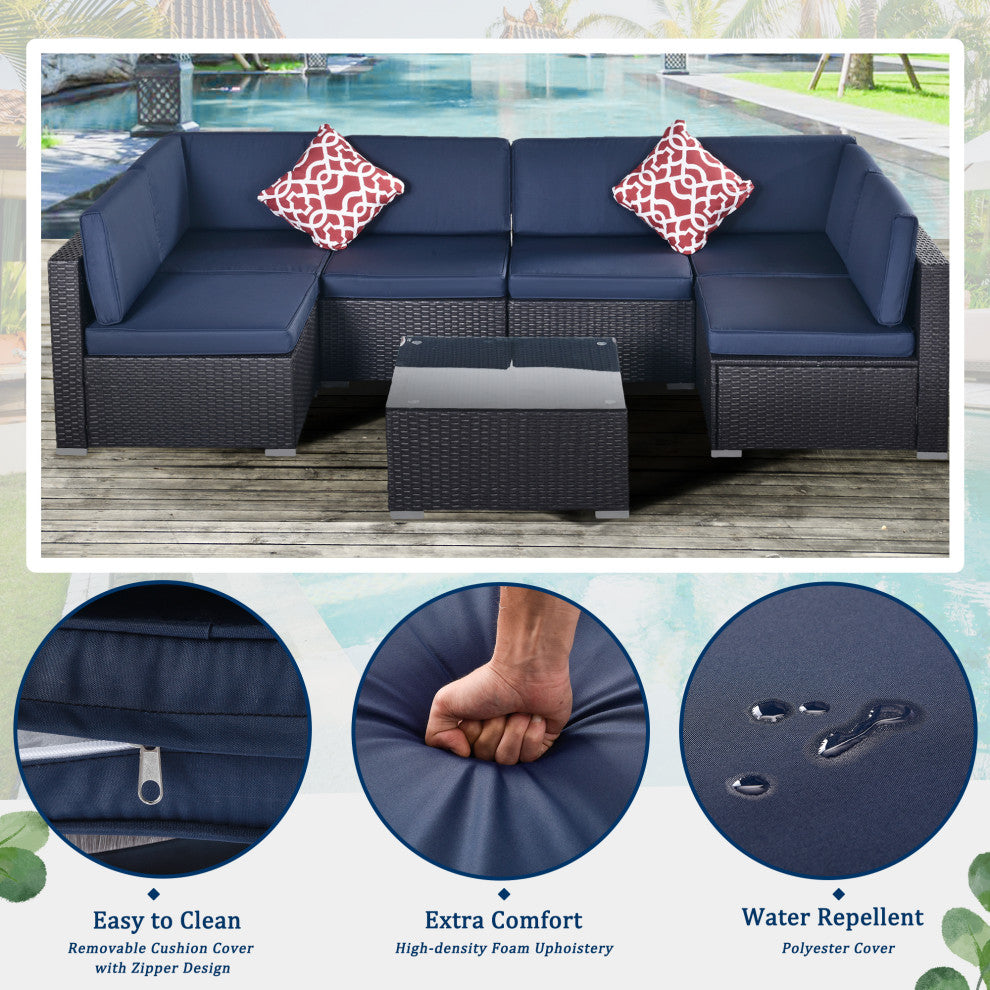 7 Pieces Outdoor Wicker U-Shaped Patio Sectional With Cushions, Dark Blue