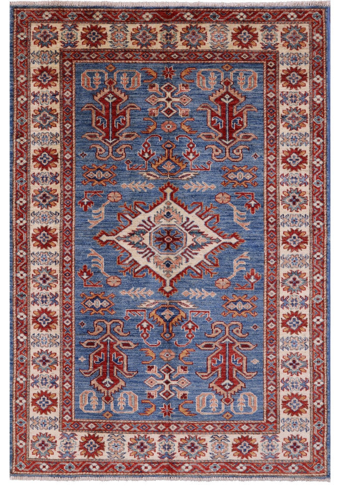 Super Kazak Geometric Handmade Wool Rug 4' 0" X 5' 11" Q10629