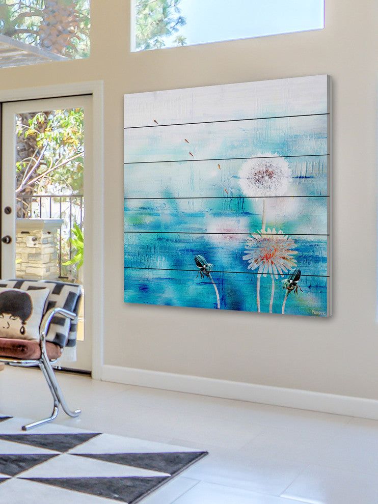 "Dandy Puffs on Bue" Painting Print on White Wood, 32"x32"