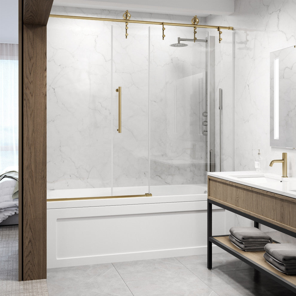 VIGO Hamilton Frameless Sliding, Matte Brushed Gold, Tub Door, 56" to 60" W X 68" H, Clear Glass