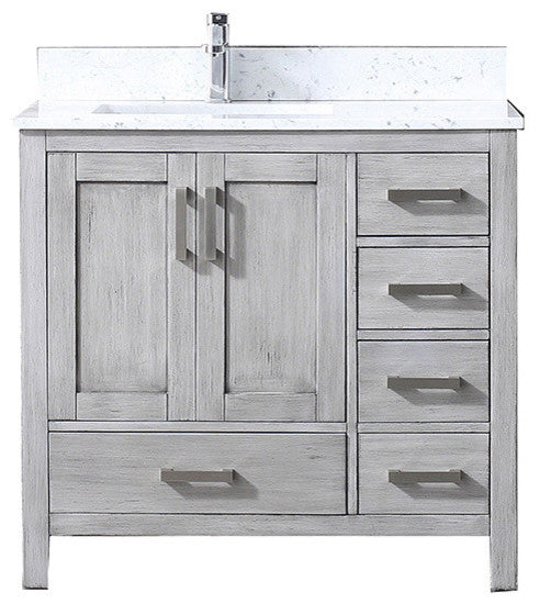 36"Vanity Distressed Grey,White Carrera Marble Top,White Square Sink&no Mirror