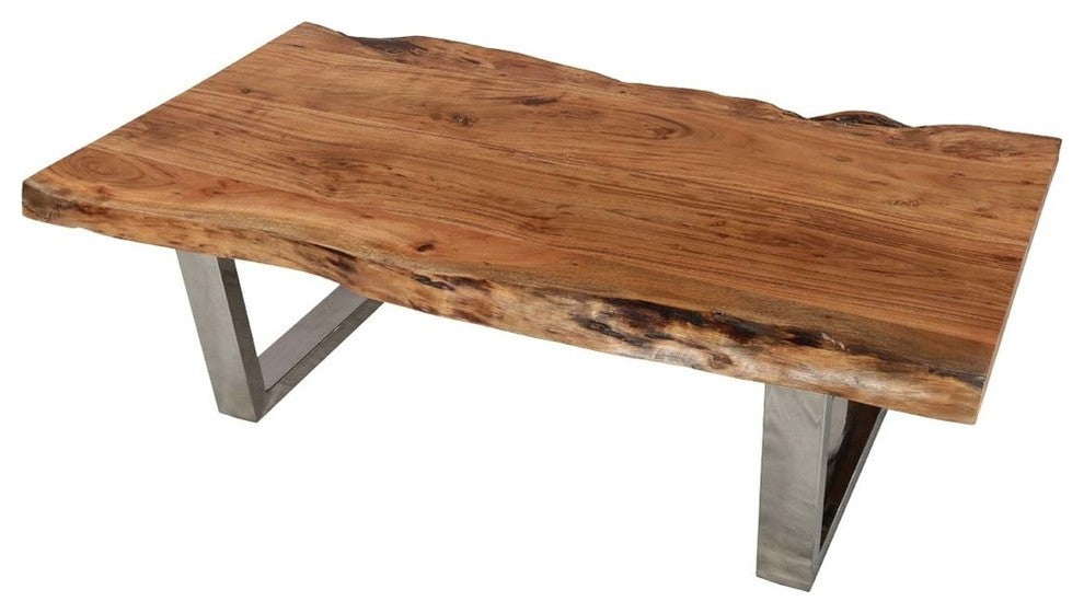 Natural Acacia Wood & Steel Rustic Live Edge Coffee Table