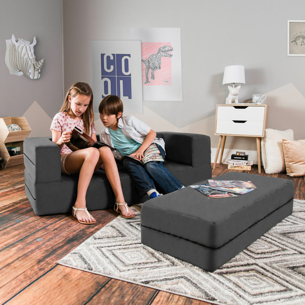Zipline Big Kids Modular Sofa and Ottoman, Charcoal