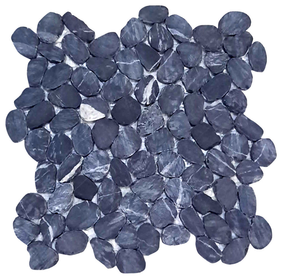 Tempest black sleek Round pebble tile, 12x12, rich black for walls & floors.