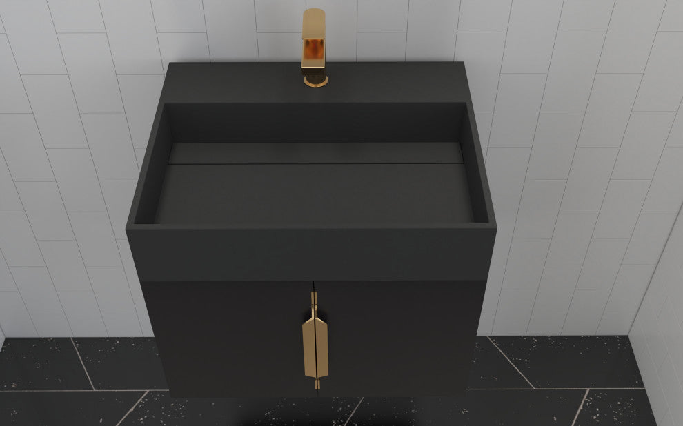 CastelloUSA Amazon 24" Wall Mounted Bathroom Vanity Set, Black, Black Top, Gold