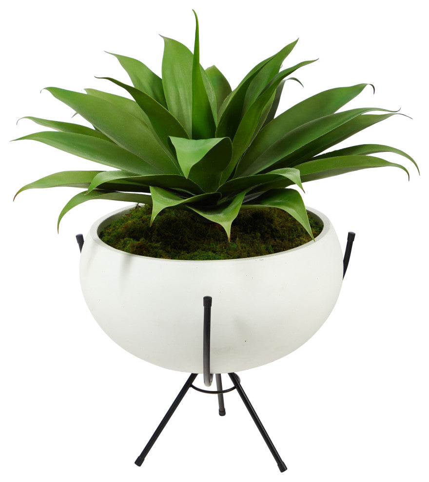 30" Agave Succulent Artificial Plant, White Planter With Metal Stand