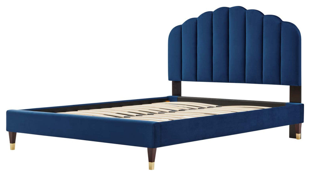 Platform Bed Frame, Queen Size, Blue Navy, Velvet, Modern, Bedroom Guest Suite